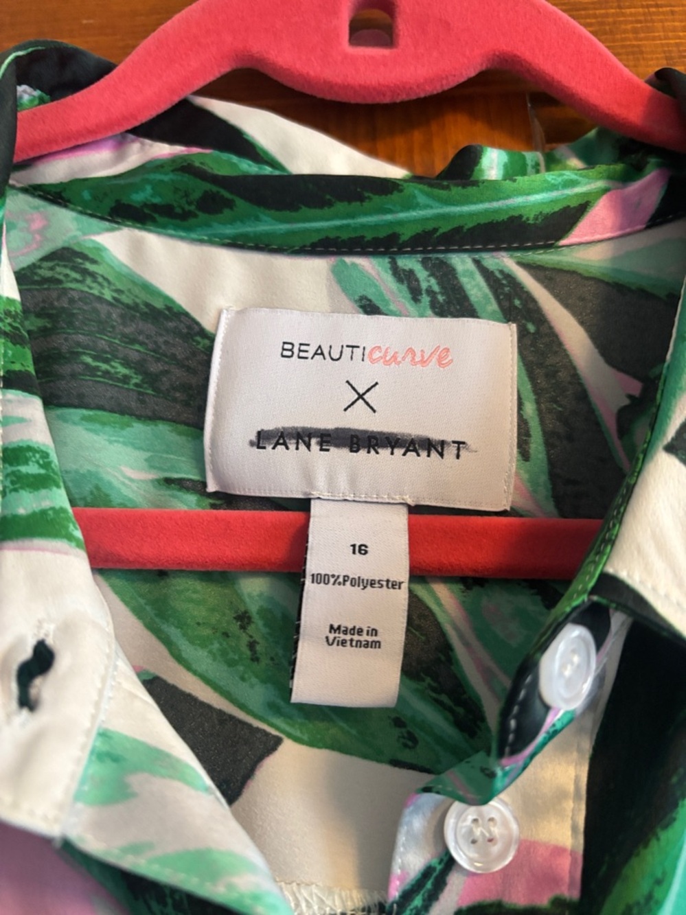 Lane Bryant Green & Pink Leaf Print Shirt Dress Size 16 - Picture 2 of 3